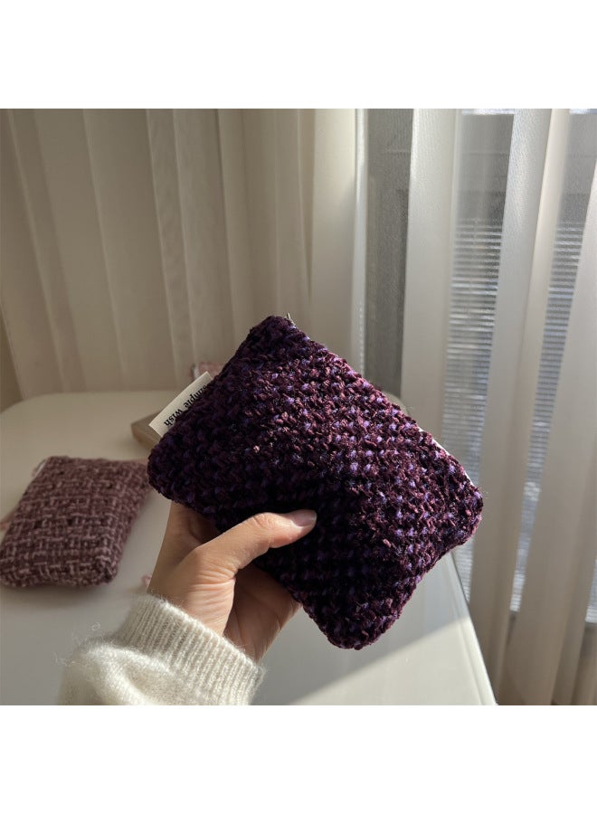 Purple Small Fragrant Wind Woolen Woven Coin Purse Mini Small Cloth Bag Earphone Lipstick Storage Bag-Color:Dark Purple - Image 1