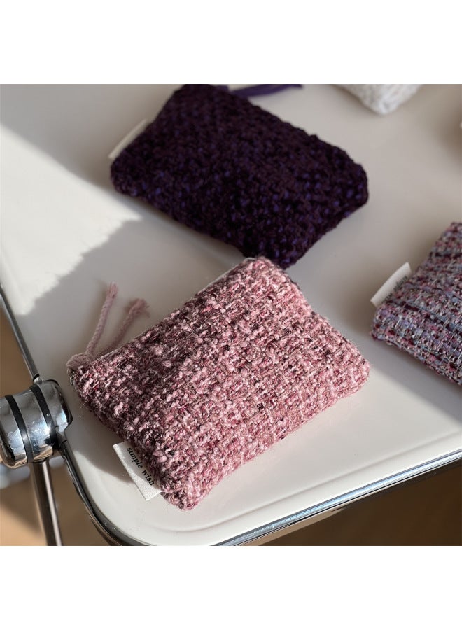 Purple Small Fragrant Wind Woolen Woven Coin Purse Mini Small Cloth Bag Earphone Lipstick Storage Bag-Color:Dark Purple - Image 4