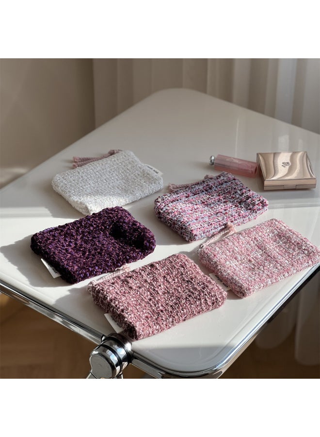 Purple Small Fragrant Wind Woolen Woven Coin Purse Mini Small Cloth Bag Earphone Lipstick Storage Bag-Color:Dark Purple - Image 2