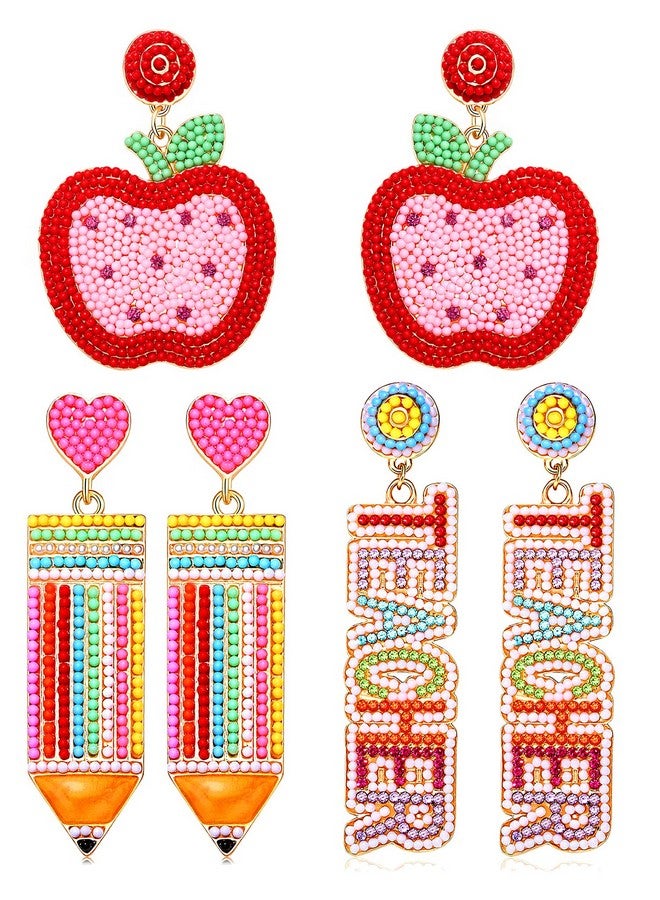 CEALXHENY 3 Pairs Zinc Pencil Earrings Teacher Earrings For Women Rhinestone Beaded Dangle Drop Earrings Colorful Teacher Appreciation Gift Back To School Jewelry Set (3 Pairs C) - Image 1