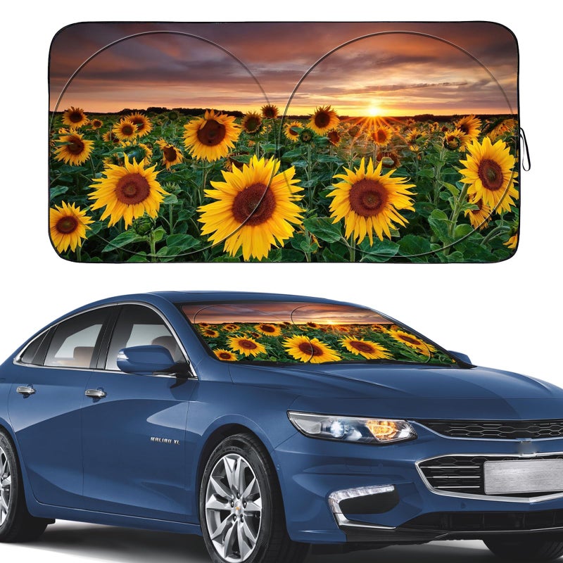 Gven Windshield Sun Shade, Car Shade Front Window Sunset Style Sun Visor for Car Shield Blocks UV Rays Automotive Interior Sun Protection for Car Truck SUV (Sunflower, S