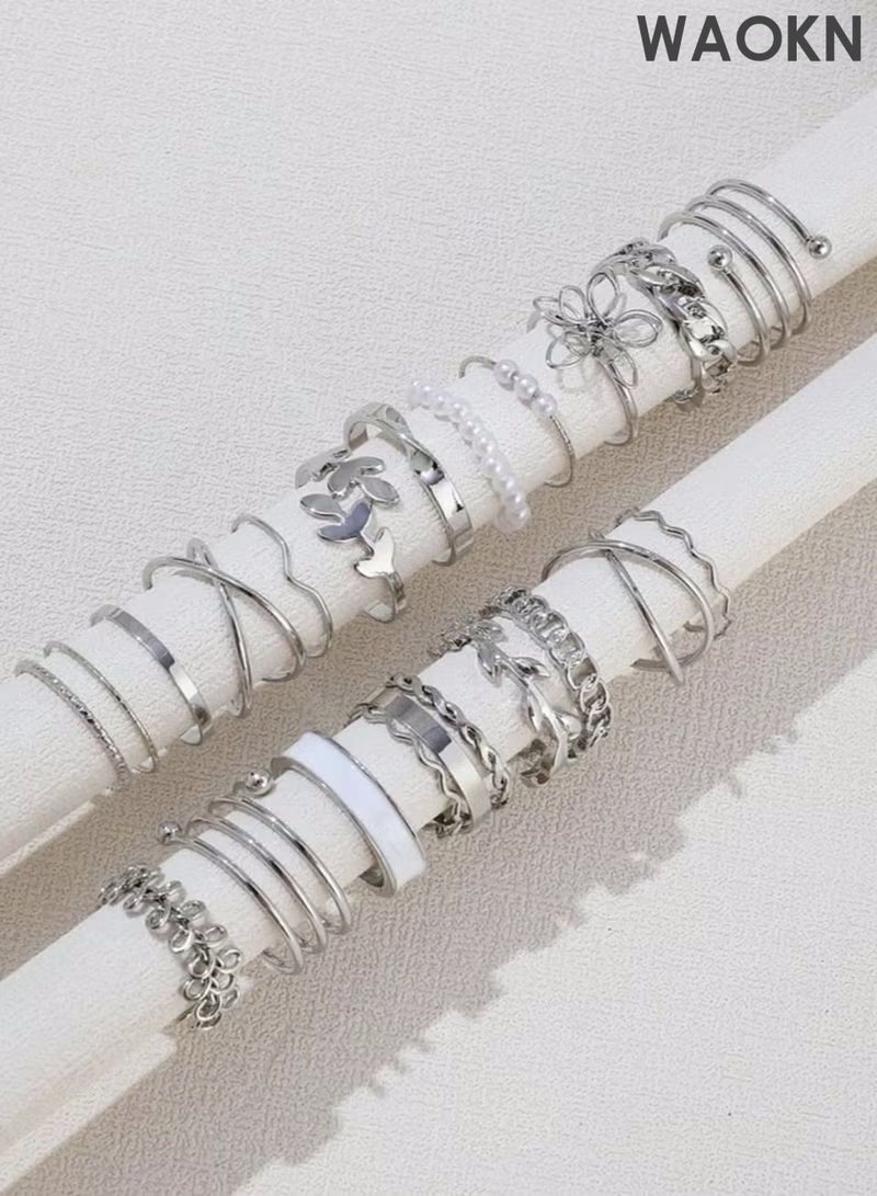 دبليو أيه أو كي أن طقم خواتم نسائي بتصميم بوهيمي، مكون من ٢٢ قطعة، بتصميم هندسي عتيق، مزين بلؤلؤ صناعي متعدد العناصر، مناسب للارتداء اليومي، يتضمن زهورًا وأوراقًا ولآلئ صناعية، يُضفي لمسة جمالية مميزة على إطلالتك اليومية، ويُمكن إرساله كهدية لصديقاتك. مناسب للاستخدام اليومي، والمواعيد، والحفلات. - Image 5