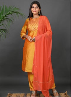 Riara Riara Embroidery Women Kurti Set With Dupatta Yellow Round Neck M  - Image 1