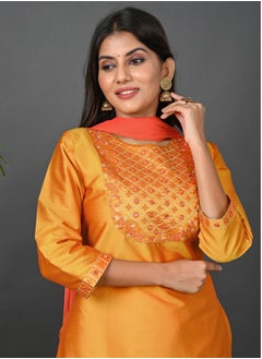 Riara Riara Embroidery Women Kurti Set With Dupatta Yellow Round Neck M  - Image 3