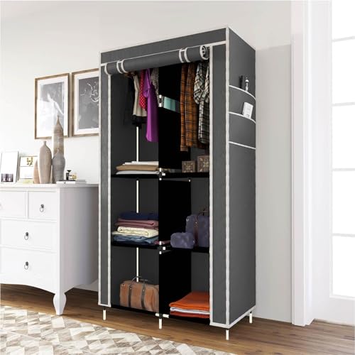 GTC Wardrobe with Plastic Frame | Portable Closet with 6 Shelves & Side Pockets | Non Woven Cover | Ideal for Clothes, Shoes & Accessories (Grey) 26x13x61.4Inch (8800-3) - Image 1