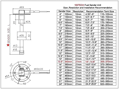 100TECH Boat Fuel Sending Unit Marine Fuel Water Level Sensor Marine Fuel Level Sender for Boat Truck Car 13.5"(343mm) Diesel RV Vehicle RV Tank Sensors Marine Fuel Gauge and Sending Unit 240-33ohms - Image 4