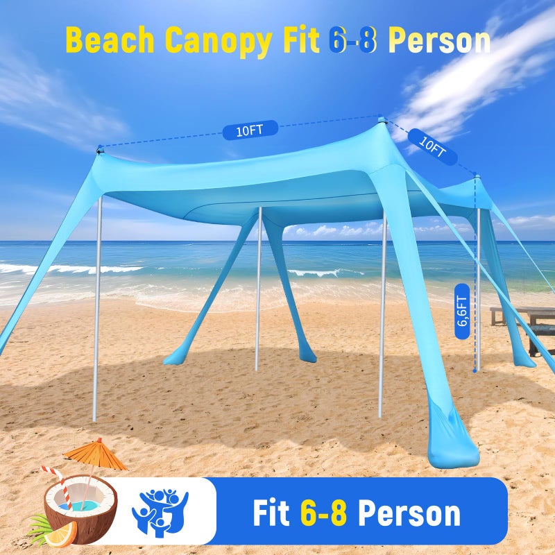 Purebox Beach Tent Sun Shelter - 10x10FT Beach Shade Canopy UPF50+ Protection Easy Setup, with 8 Sandbags, 4 Stability Poles, Sand Shovel, Ground Spikes, Outdoor Shade for Sand, Camping, Fishing - Image 5