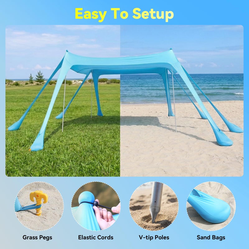 Purebox Beach Tent Sun Shelter - 10x10FT Beach Shade Canopy UPF50+ Protection Easy Setup, with 8 Sandbags, 4 Stability Poles, Sand Shovel, Ground Spikes, Outdoor Shade for Sand, Camping, Fishing - Image 4