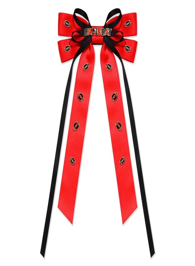 بودرير إكسسوارات يوم المباراة من بوديرير: فيونكات شعر للنساء، مشبك شعر لكرة القدم، فيونكة طويلة من شريط الساتان، مشبك شعر، إكسسوارات شعر لمحبي الرياضة، أحمر وأسود - Image 1