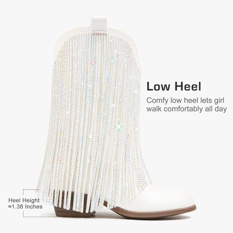 LAURMOSA Girls Cowboy Boots for Girls Cowgirl Boots Size 13 Fringe Rhinestone Sparkly Tassel White Cow Girl Western Little Kids Mid Calf Pointed Toe Party Birthday Dress Church Fancy (L1056PUWhite 13) - Image 5
