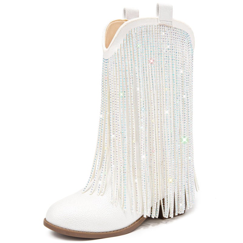 LAURMOSA Girls Cowboy Boots for Girls Cowgirl Boots Size 13 Fringe Rhinestone Sparkly Tassel White Cow Girl Western Little Kids Mid Calf Pointed Toe Party Birthday Dress Church Fancy (L1056PUWhite 13) - Image 1