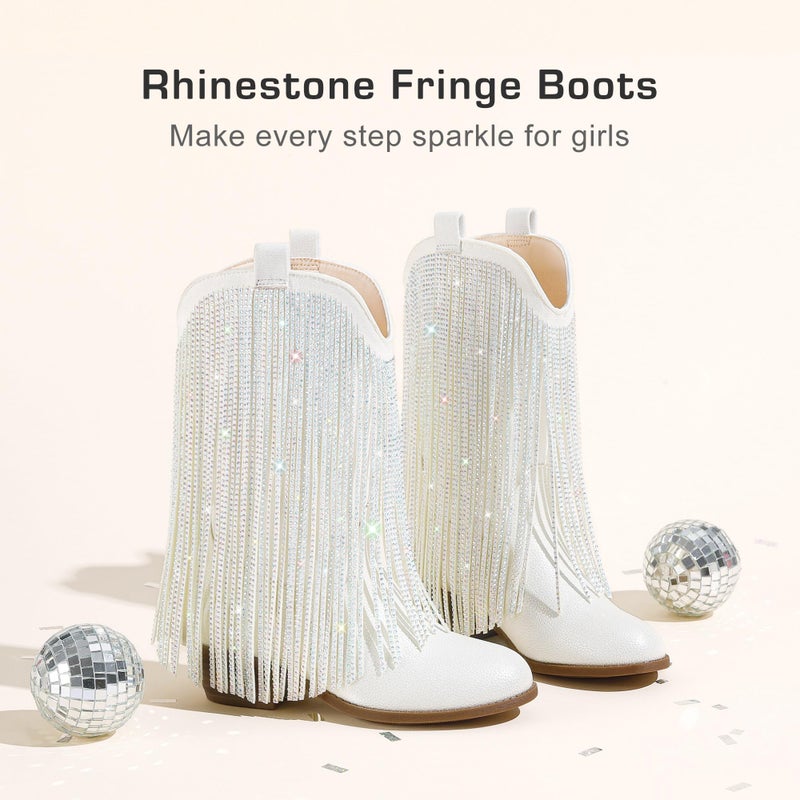 LAURMOSA Girls Cowboy Boots for Girls Cowgirl Boots Size 13 Fringe Rhinestone Sparkly Tassel White Cow Girl Western Little Kids Mid Calf Pointed Toe Party Birthday Dress Church Fancy (L1056PUWhite 13) - Image 4