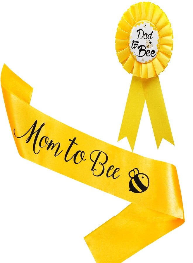 Vukasi 2 Packs Yellow Mom to Bee Sash and Dad to Bee Tinplate Badge, Baby Shower Decorations with Cute Bee Pattern Baby Welcome Party - Image 1