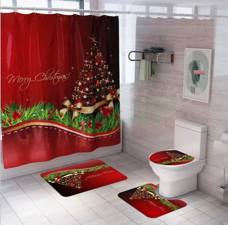 Y&D Christmas Bathroom Shower Curtain Mat Set Four-piece Waterproof Toilet Cover Mat Non Slip Rug Shower Curtain - Image 3