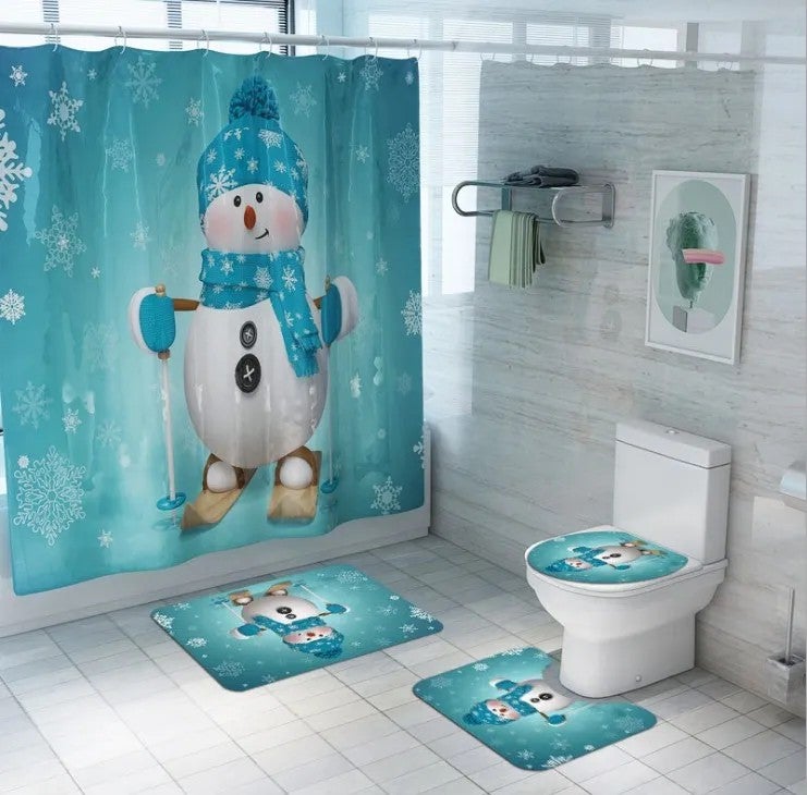 Y&D Christmas Bathroom Shower Curtain Mat Set Four-piece Waterproof Toilet Cover Mat Non Slip Rug Shower Curtain - Image 1