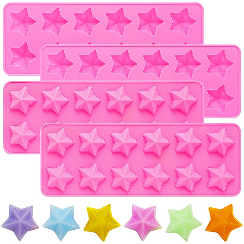 Lauwell 4 Pieces Star Shaped Silicone Molds FivePointed Star Shaped Mold NonStick Fondant Molds for Chocolate Candy Ice Cube Cake Decoration Pink