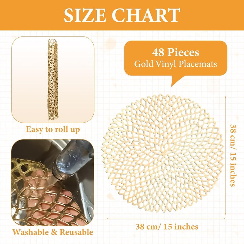 Sieral 48 Packs Gold Round Placemats 15 Inch Hollow Out Pressed Vinyl Place Mats Bulk Non Slip Washable PVC Chargers Place Mat for Christmas Dining Wedding Holiday Party Home Kitchen Dinner Table - Image 2