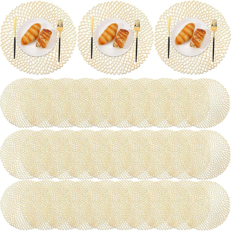 Sieral 48 Packs Gold Round Placemats 15 Inch Hollow Out Pressed Vinyl Place Mats Bulk Non Slip Washable PVC Chargers Place Mat for Christmas Dining Wedding Holiday Party Home Kitchen Dinner Table - Image 1
