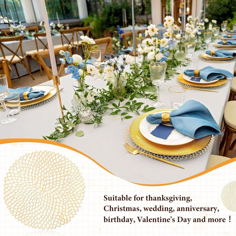 Sieral 48 Packs Gold Round Placemats 15 Inch Hollow Out Pressed Vinyl Place Mats Bulk Non Slip Washable PVC Chargers Place Mat for Christmas Dining Wedding Holiday Party Home Kitchen Dinner Table - Image 5