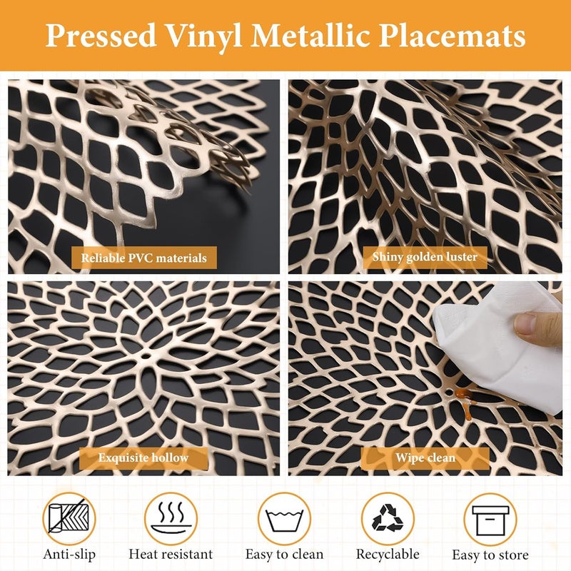 Sieral 48 Packs Gold Round Placemats 15 Inch Hollow Out Pressed Vinyl Place Mats Bulk Non Slip Washable PVC Chargers Place Mat for Christmas Dining Wedding Holiday Party Home Kitchen Dinner Table - Image 3