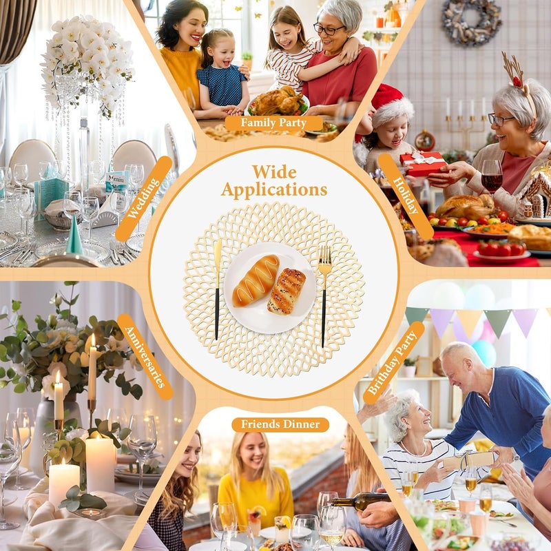 Sieral 48 Packs Gold Round Placemats 15 Inch Hollow Out Pressed Vinyl Place Mats Bulk Non Slip Washable PVC Chargers Place Mat for Christmas Dining Wedding Holiday Party Home Kitchen Dinner Table - Image 4