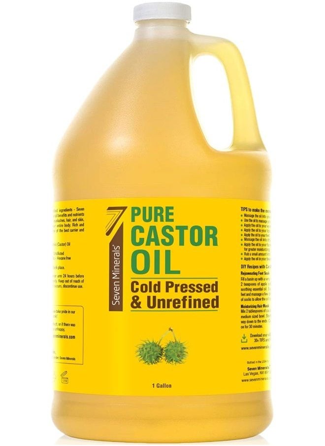 Seven Minerals - Pure Cold Pressed Castor Oil - 1 Gallon - Unrefined & Hexane Free - 100% Pure Castor Oil for Hair Growth, Thicker Eyelashes & Eyebrows, Dry Skin, Hair Care, Joint and Muscle Pain (Bulk, 128 Fl Oz) - Image 1