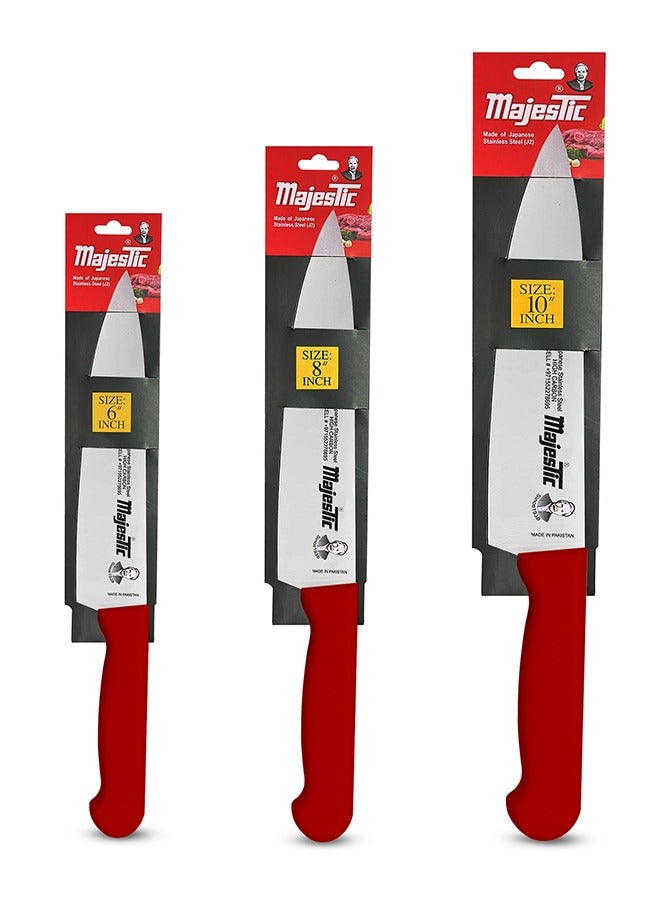 Majestic Majestic 3-Piece Chef Knife Set – 6-Inch, 8-Inch & 10-Inch High Carbon Stainless Steel Knives, Razor-Sharp Edge, Ergonomic Non-Slip Handle, Safe Bolster & Heel, Precision Cutting for Slicing, Chopping & Dicing – Dishwasher Safe, Red  - Image 1