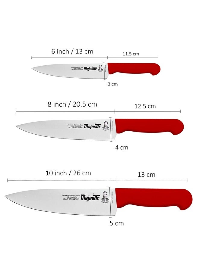 Majestic Majestic 3-Piece Chef Knife Set – 6-Inch, 8-Inch & 10-Inch High Carbon Stainless Steel Knives, Razor-Sharp Edge, Ergonomic Non-Slip Handle, Safe Bolster & Heel, Precision Cutting for Slicing, Chopping & Dicing – Dishwasher Safe, Red  - Image 4