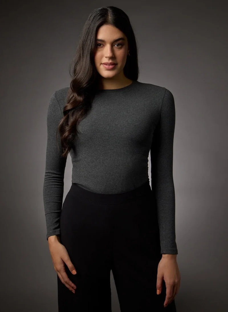 Zigzag Long Sleeve Round Neck Rib Top- Dark Grey