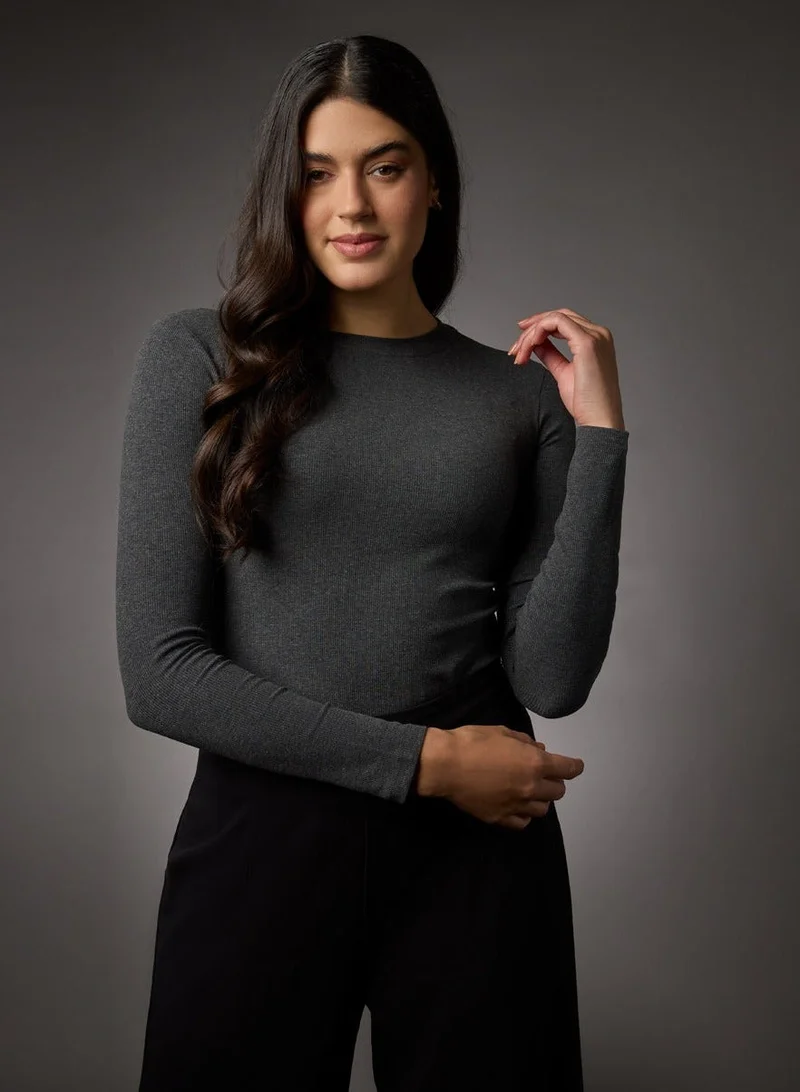 Zigzag Long Sleeve Round Neck Rib Top- Dark Grey