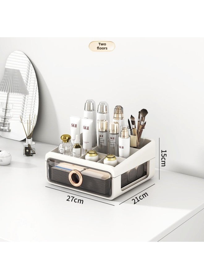 Cosmetic Storage Box Desktop Dressing Table Skin Care Products Storage Rack Lipstick Finishing Table Drawer Type Small Box-Specification:Stationery Storage - White Frame + Transparent White Panel, Two Layers In One, Installation-free-Color:Standard  - Image 3