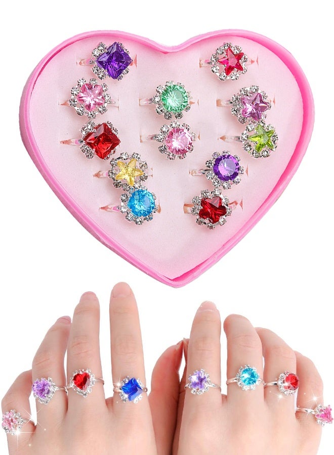 12 pcs Girls Crystal Adjustable Rings, Princess Jewelry Finger Rings with Heart Shape Box, Girl Pretend Play and Dress up Rings for Children Kids Little Girls - Random - Image 1