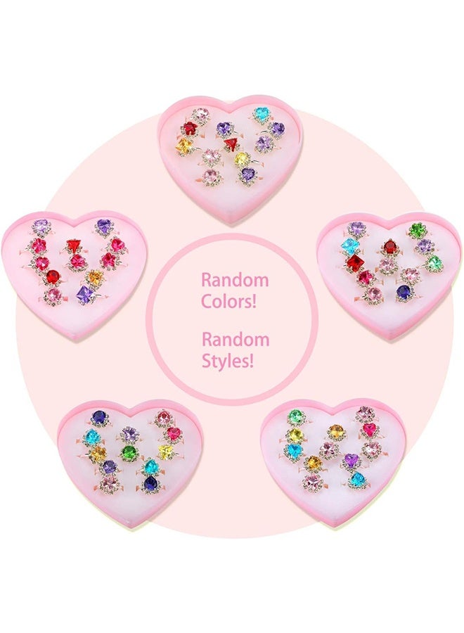 12 pcs Girls Crystal Adjustable Rings, Princess Jewelry Finger Rings with Heart Shape Box, Girl Pretend Play and Dress up Rings for Children Kids Little Girls - Random - Image 5