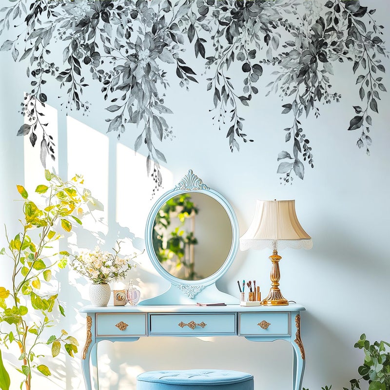 VePret Black Plants Leaves Wall Decals Peel and Stick, Large Floral Flowers Vinyl Wall Stickers, Removable Vine Home Decor Art for Bedroom Living Room Classroom Office - Image 1