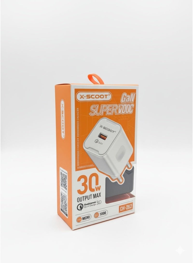 X-SCOOT CH-262 30W Fast Wall Charger with Included 1000mm USB to Micro Cable, QC 3.0 High-Speed Charging, Safe PC Materials, and Multi-Circuit Protection for Reliable Daily Use - Image 3