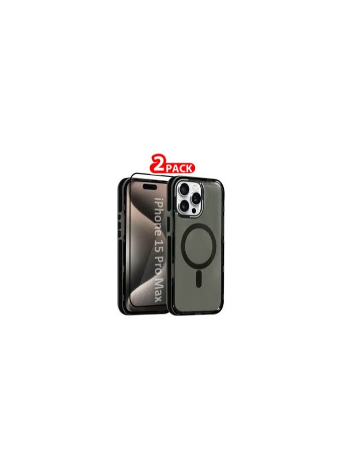 CATANES (for iPhone 15 Pro Max) 2Packs Hard PC Magsafe Case Cover Polycarbonate Magnetic Strong Shockproof Protective Case Cover Transparent - Black Color - Image 1