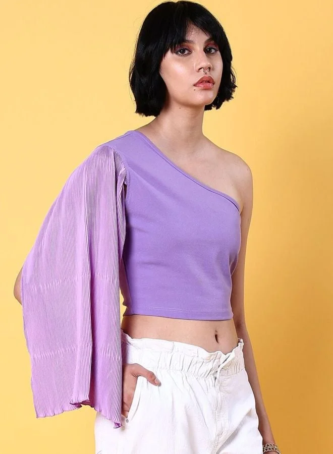 Women Regular Fit Solid Asymmetric Neck Sleeveless One Shoulder Top