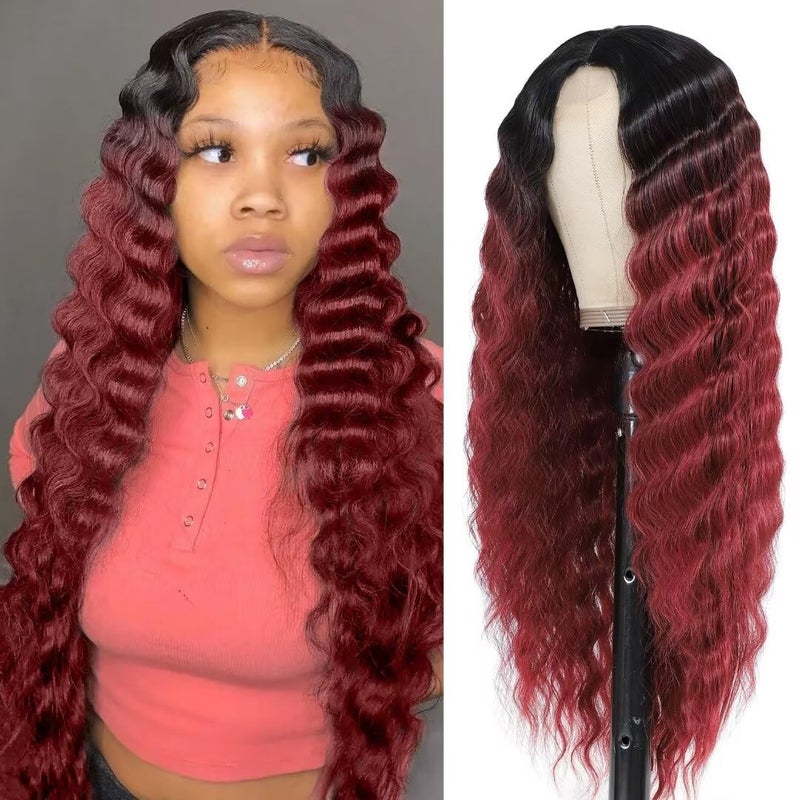 FEEL ME Ombre Burgundy Synthetic Curly Wig 28inch Long Deep Wave Lace Front Wigs for Women 4 Fake Scalp Middle Part Lace Wigs Natural Crimps Curls 1b99j Ombre Curly Lace Front Wig For Daily Use
