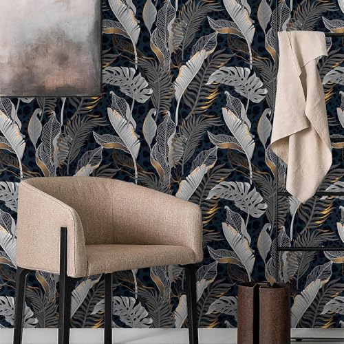MuralPeel Modern Black and White Navy Golden Tropical Plants Leaf Peel and Stick Wallpaper Self Adhesive Removable Easy Peel Off Stick on Wall Paper for Bedroom Cabinet Renter Friendly - Image 3