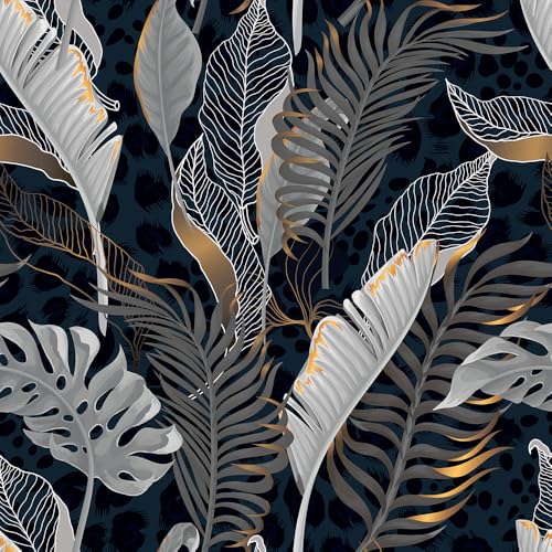 MuralPeel Modern Black and White Navy Golden Tropical Plants Leaf Peel and Stick Wallpaper Self Adhesive Removable Easy Peel Off Stick on Wall Paper for Bedroom Cabinet Renter Friendly - Image 1