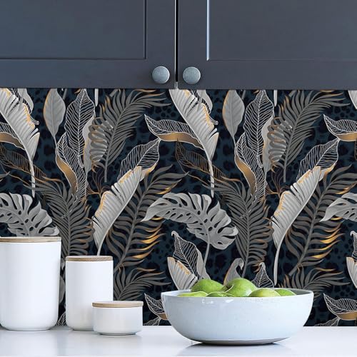 MuralPeel Modern Black and White Navy Golden Tropical Plants Leaf Peel and Stick Wallpaper Self Adhesive Removable Easy Peel Off Stick on Wall Paper for Bedroom Cabinet Renter Friendly - Image 2