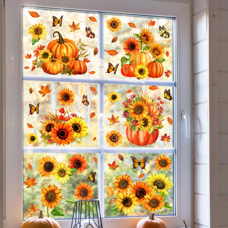 Whaline ملصقات نافذة خريفية من واهلين 9 ورقات مع زهور دوار الشمس وقرع وفراشات قابلة لإعادة الاستخدام لزينة الخريف وعيد الشكر وحصاد المنزل والمدرسة وحفلات الزفاف - Image 3