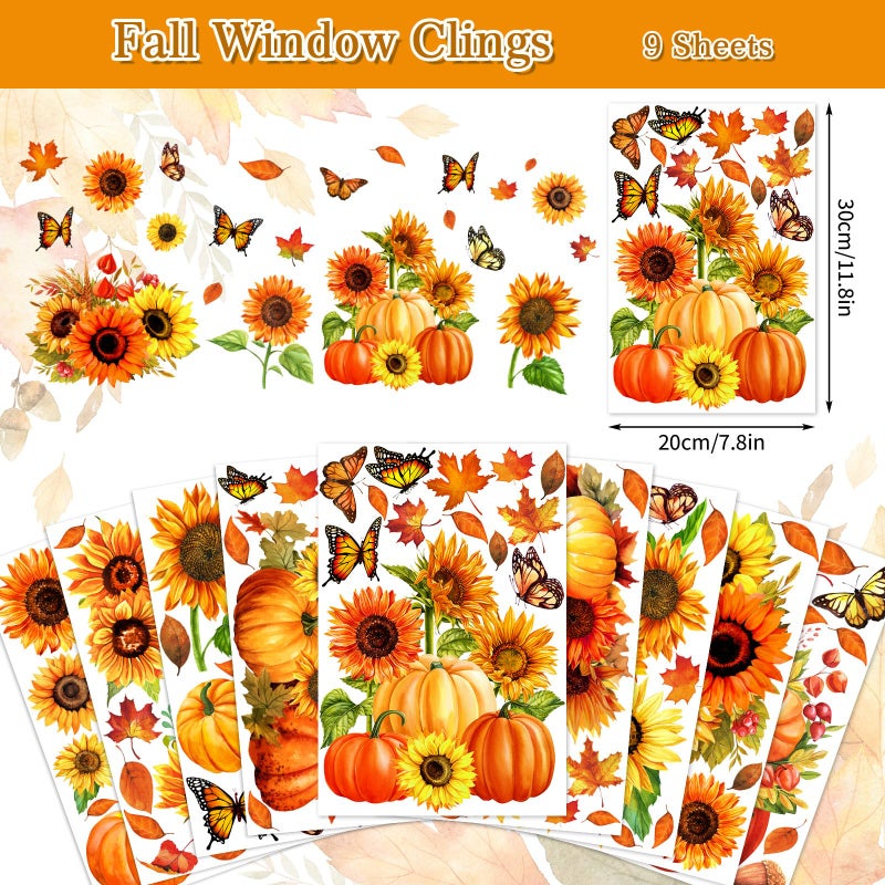 Whaline ملصقات نافذة خريفية من واهلين 9 ورقات مع زهور دوار الشمس وقرع وفراشات قابلة لإعادة الاستخدام لزينة الخريف وعيد الشكر وحصاد المنزل والمدرسة وحفلات الزفاف - Image 5