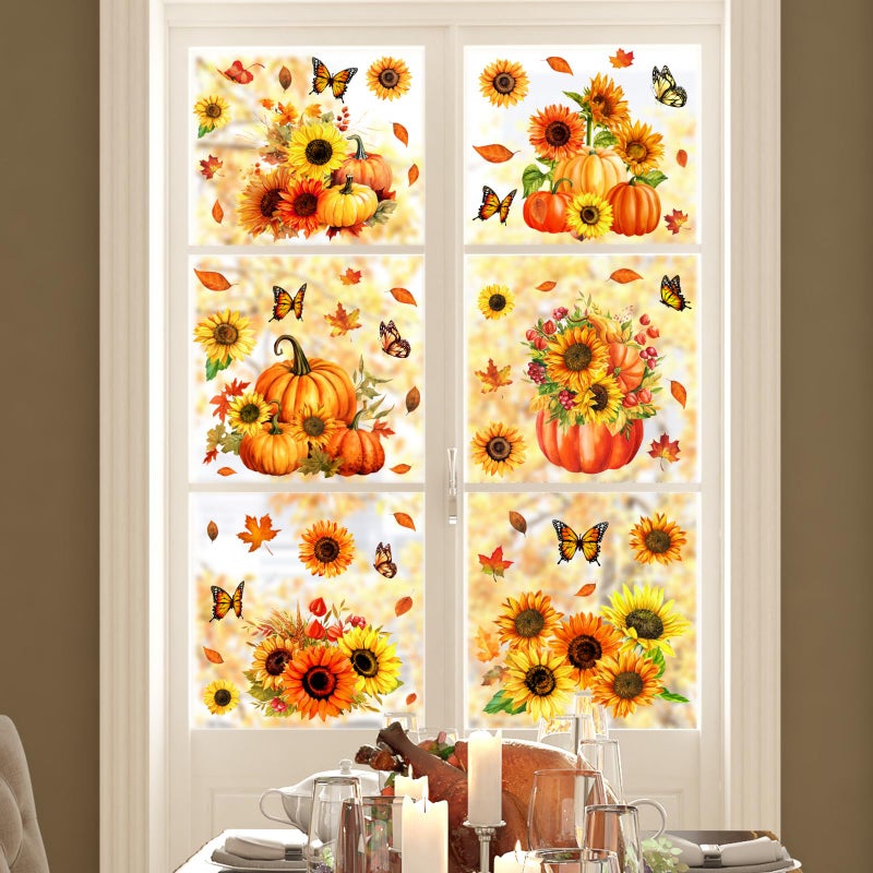 Whaline ملصقات نافذة خريفية من واهلين 9 ورقات مع زهور دوار الشمس وقرع وفراشات قابلة لإعادة الاستخدام لزينة الخريف وعيد الشكر وحصاد المنزل والمدرسة وحفلات الزفاف - Image 4