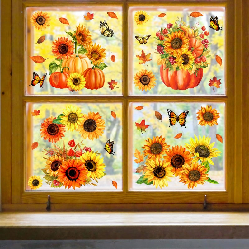 Whaline ملصقات نافذة خريفية من واهلين 9 ورقات مع زهور دوار الشمس وقرع وفراشات قابلة لإعادة الاستخدام لزينة الخريف وعيد الشكر وحصاد المنزل والمدرسة وحفلات الزفاف - Image 2