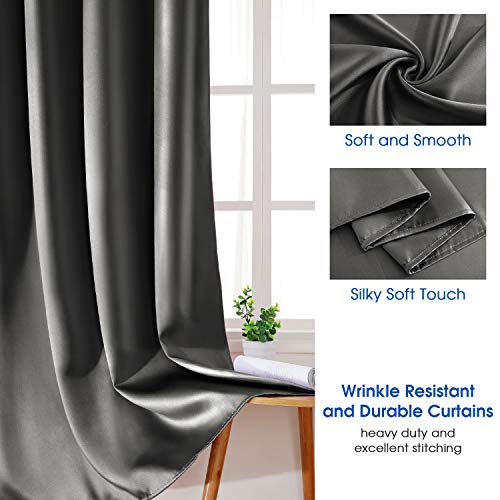 HOMEIDEAS 2 Panels Dark Grey Faux Silk Blackout Curtains, 52 X 108 Inch Room Darkening Satin Thermal Insulated Window Drapes for Bedroom, Indoor, Nursery - Image 2