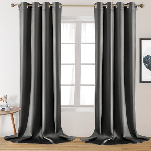 HOMEIDEAS 2 Panels Dark Grey Faux Silk Blackout Curtains, 52 X 108 Inch Room Darkening Satin Thermal Insulated Window Drapes for Bedroom, Indoor, Nursery - Image 1