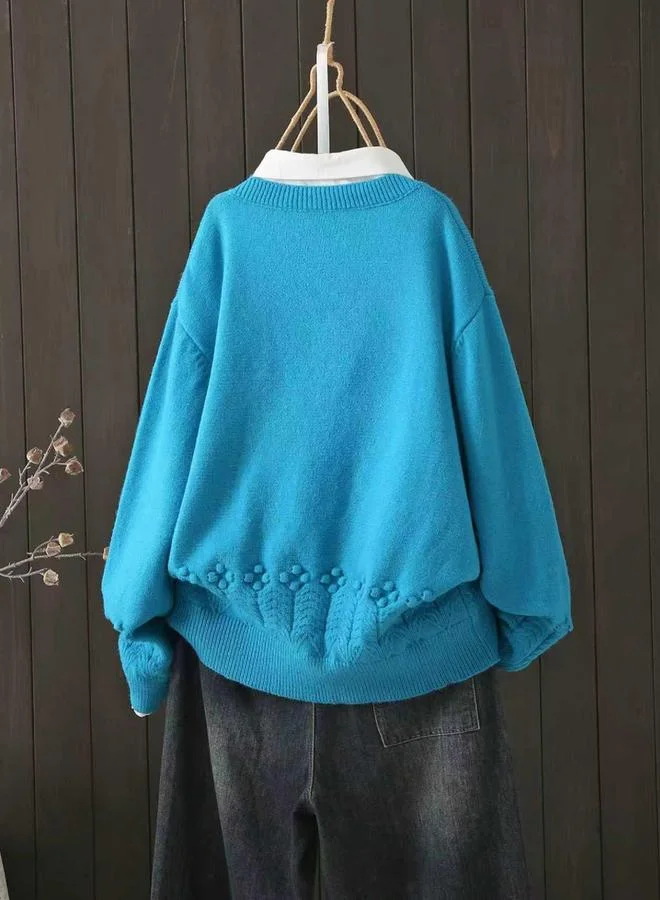 Take Two Take Two Plus Size Blue Solid Round Neck Knit Sweater