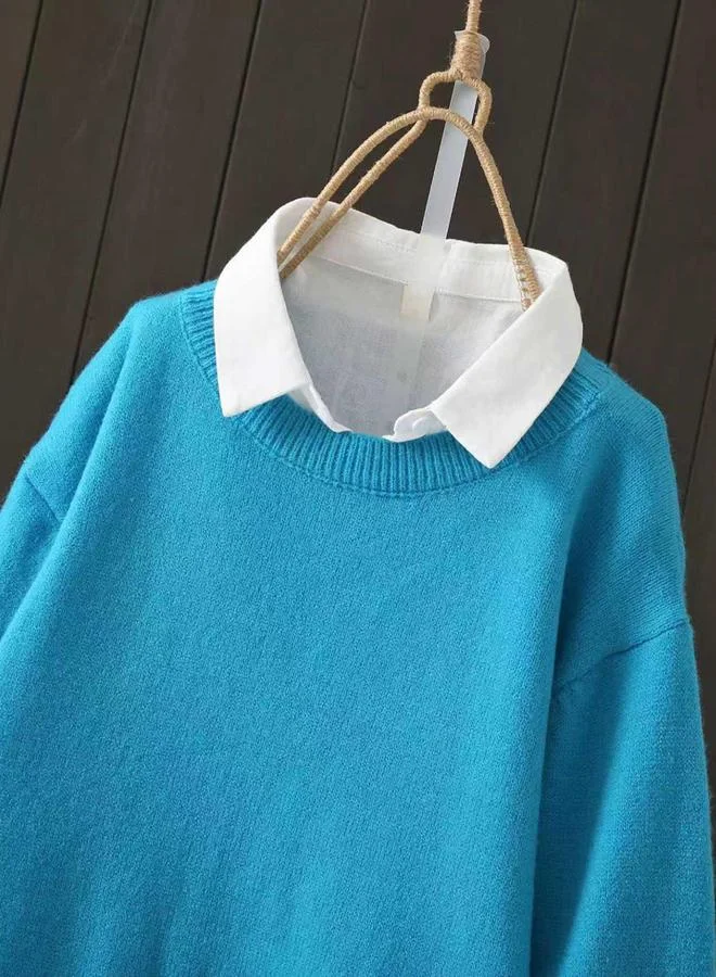 Take Two Take Two Plus Size Blue Solid Round Neck Knit Sweater