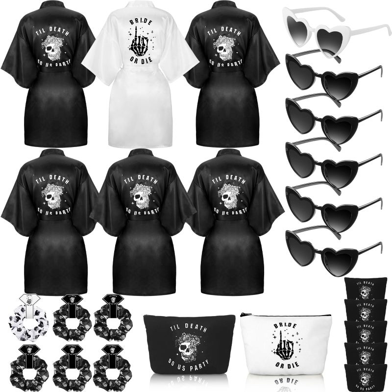 Domensi 24 Pcs Bride or Die Bachelorette Party Decorations Bridesmaid Robes Gift Sets Till Death Do Us Party Decorations Skull Black and White Bridal Robe for Bridal Shower Gothic Wedding Party Dress - Image 2